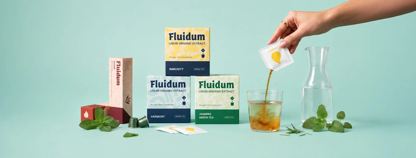 Fluidum liquid organic extract sachets and packaging